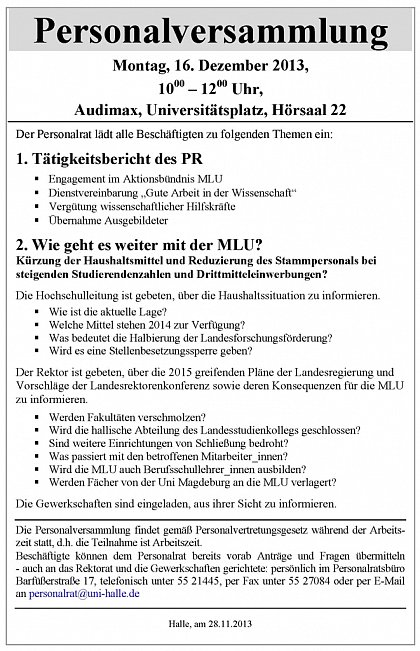 Tagesordnung der Personalversammlung am Montag, dem 16.12.2013
