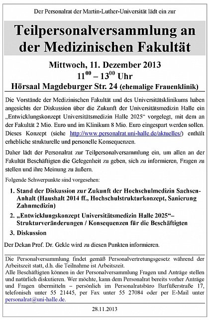 Einladung und Tagesordnung zur Teil-Personalversammlung Medizin am Mittwoch, dem 11.12.2013